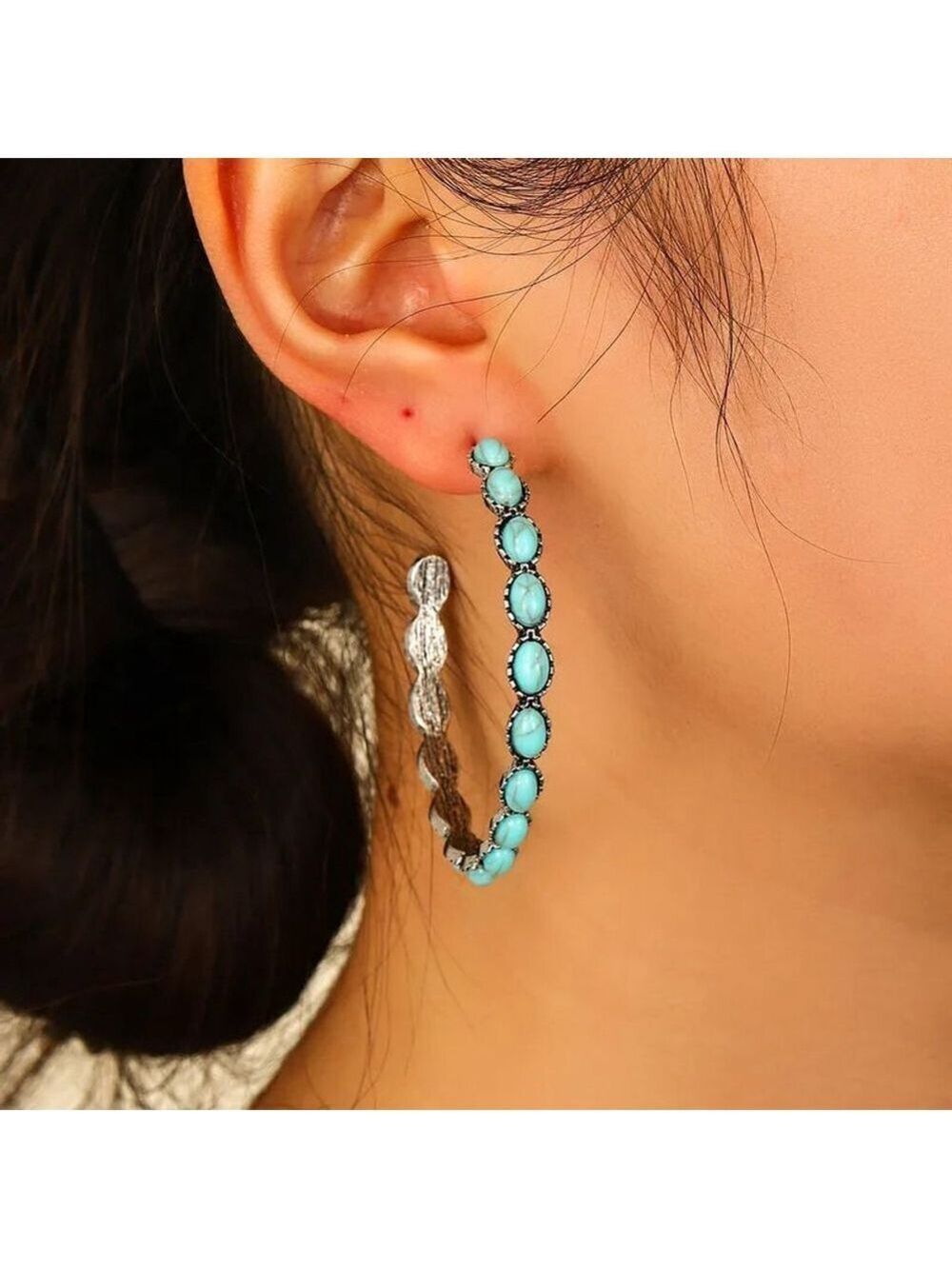 Western Boho Turquoise Color Hoops - Picture 2 of 4